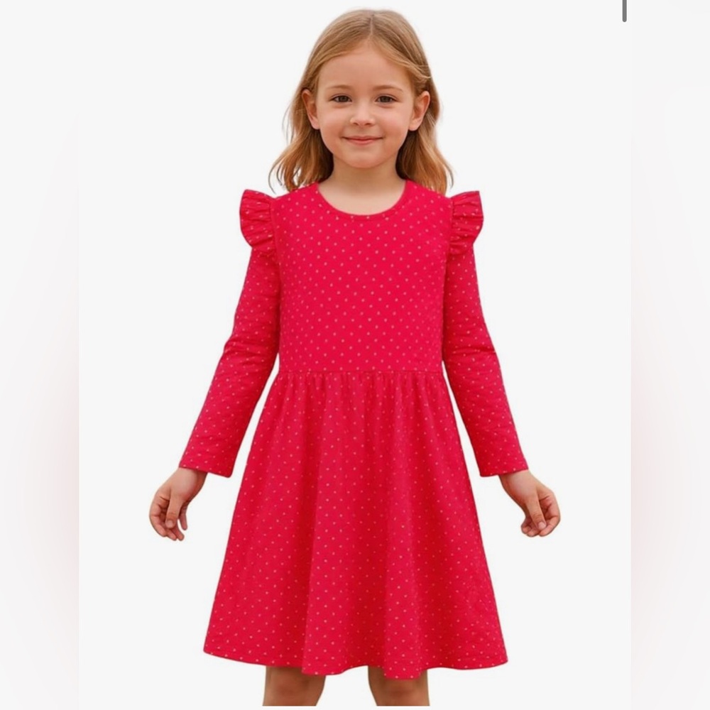 Girl Long Sleeve Red Polka Dot Ruffle Dress, Tiered Pleated Winter, Cute, Size 5